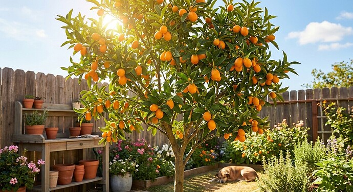 Nippon Orangequat Tree growing in a backyard garden with ripe nippon orangequat fruit