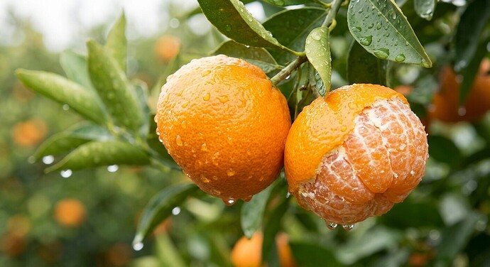 Fresh Frost Owari Satsuma fruit close-up on branch showing ripe frost owari satsuma