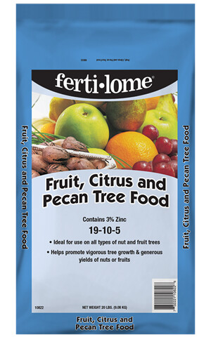 A blue bag labeled "ferti-lome Fruit, Citrus and Pecan Tree Food" with images of assorted fruits and text about fertilizer details.